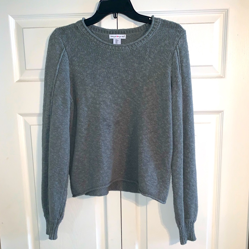 Sage Green Round Neck Knit Sweater with Balloon Sleeves
